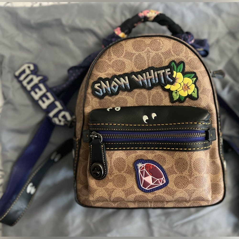 Coach Snow White Backpack with Sleepy Bag Charm and Matching Silk Scarf